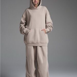 SKIMS Vintage Fleece Pull Over Hoodie & Straight Leg Pants Set Stone Small